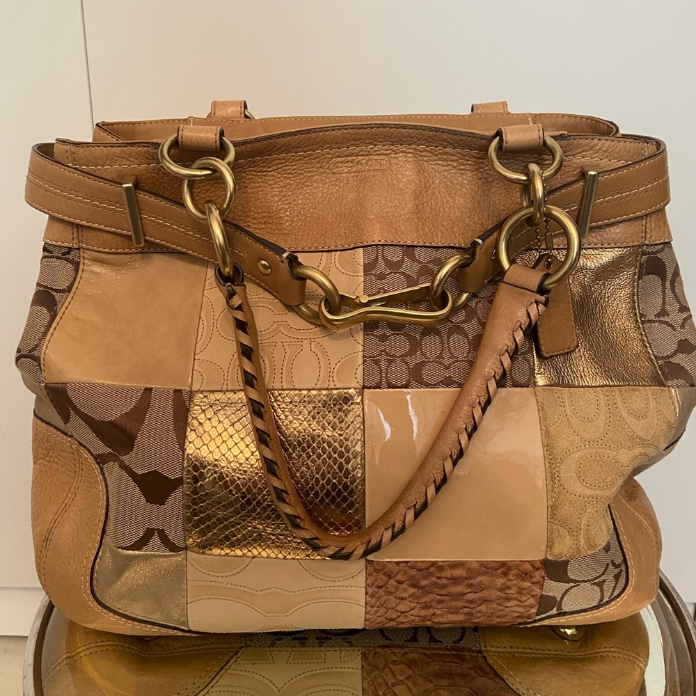 Camel and brass Coach bag